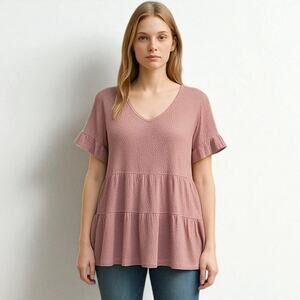 2/$15 Simply Southern Ruffle Tier Waffle Knit Top Pink Short Sleeve Size L